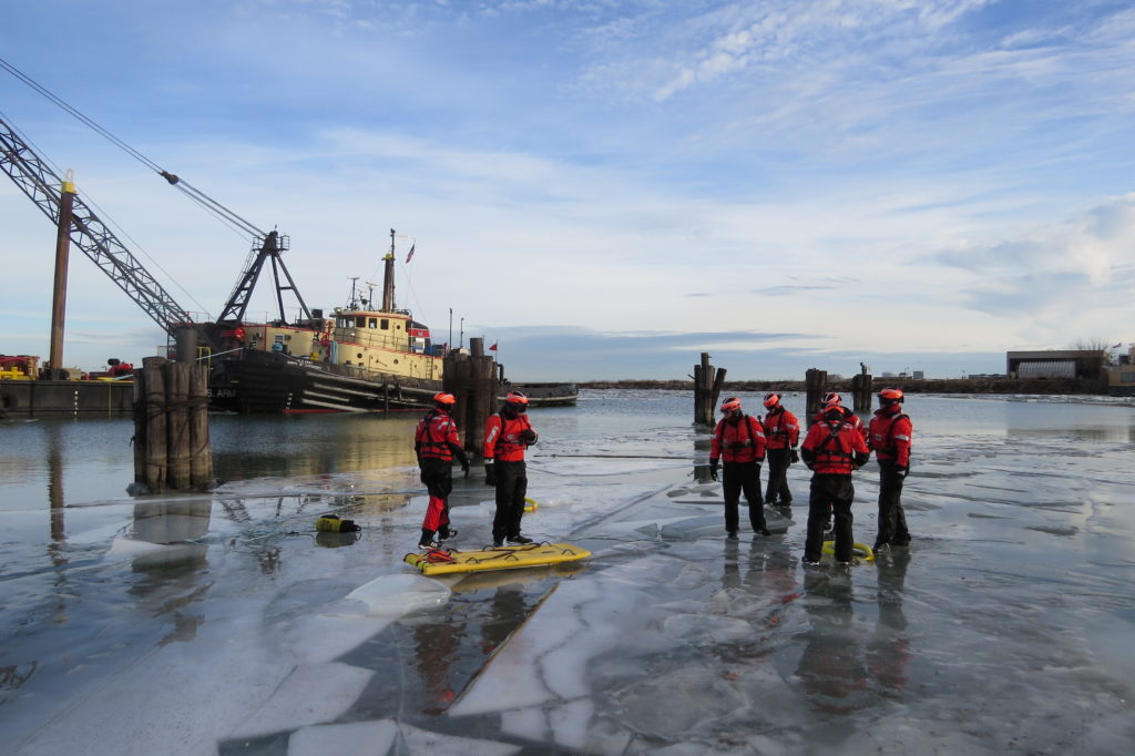 Crews at U.S. Coast Guard Station Cleveland Harbor practice ice rescues Thursday. (Laura Johnston, RocktheLake)